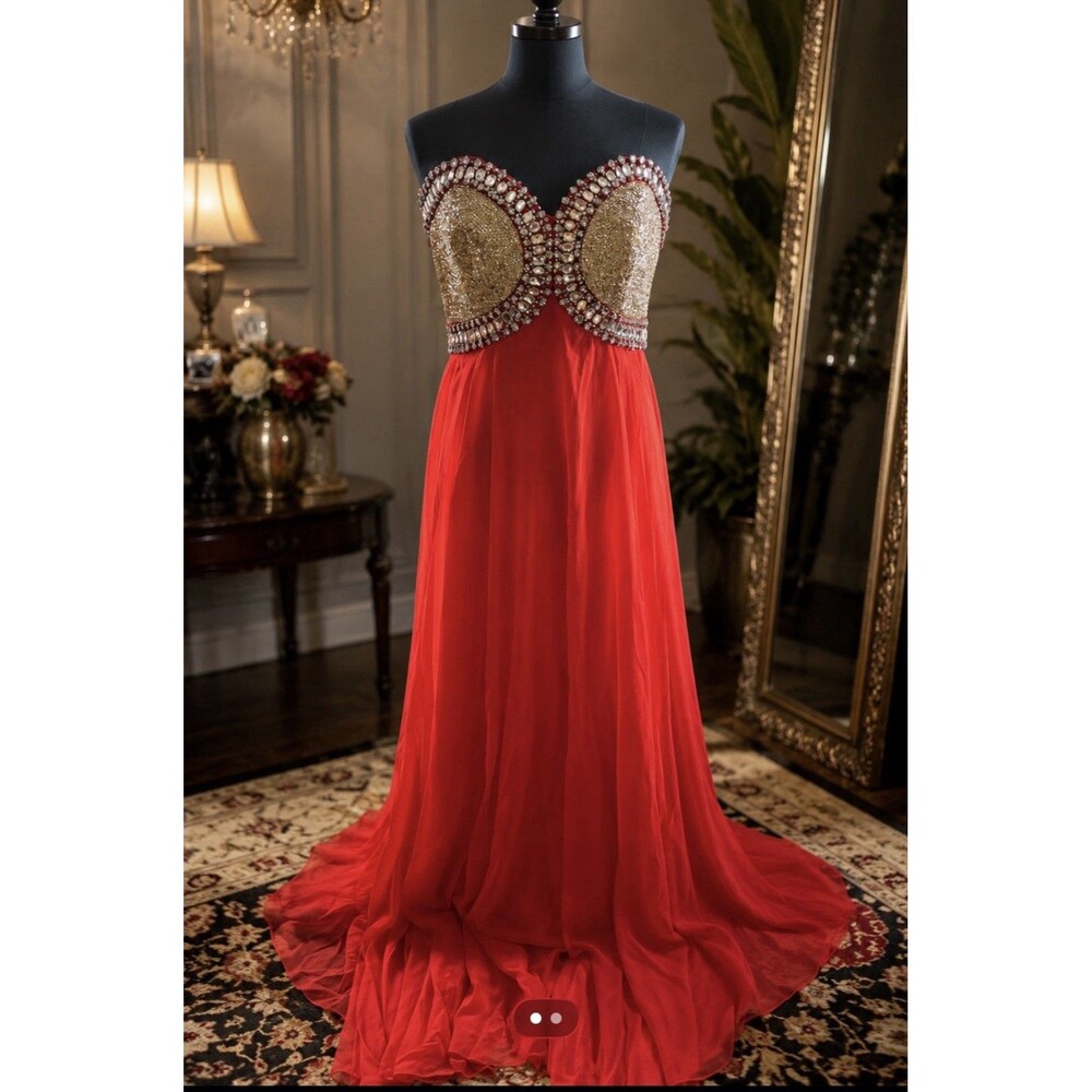 Madison James Size 10 Orange Beaded Rhinestone Formal Prom Evening Gown